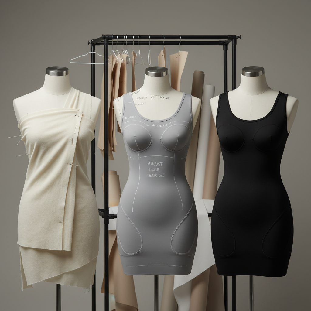 A sophisticated studio scene showing three torsoless, headless mannequin forms in matte porcelain white, each displaying a different stage of compression garment design. The first shows pinned muslin prototypes, the second features marked-up test fabric with visible tailoring chalk, and the third presents the final sleek black faja with seamless panels and subtle shaping contours. They stand in front of a muted greige backdrop with a tall, metal pattern rack and rolls of neutral-toned fabric in the distance. Soft, even studio lighting creates a calm, analytical atmosphere without harsh contrast. Photographic realism, shot at eye level with moderate depth of field, keeping all three forms in focus while the background gently softens, conveying a narrative of evolution from concept to perfected luxury product.