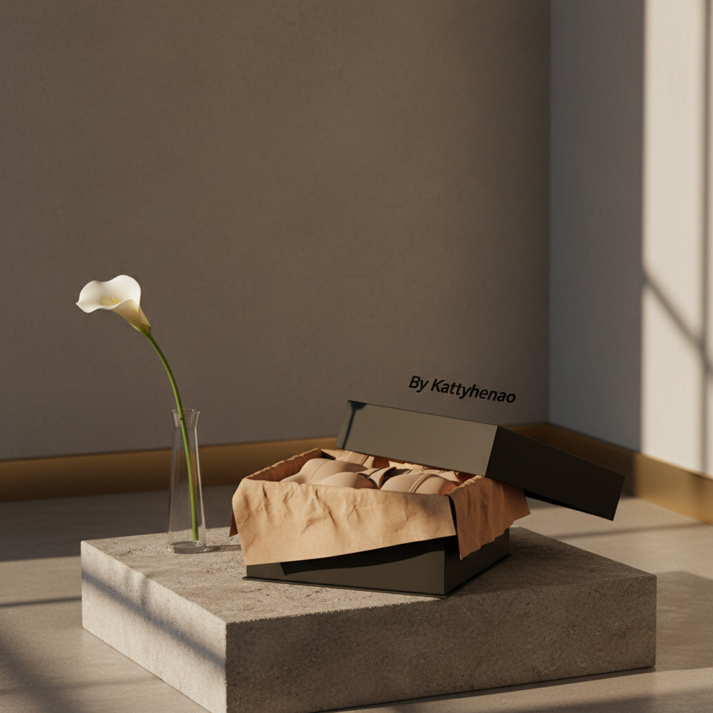 A luxurious packaging scene featuring a matte black rigid box embossed with “By Kattyhenao” in understated gloss lettering, its lid slightly ajar to reveal tissue-wrapped shapewear in soft caramel. The box rests on a low, stone-textured plinth within a minimalist interior of warm grey walls and brass accents. A slender glass vase with a single white calla lily stands nearby, adding sculptural elegance. Soft, directional natural light from the right creates refined shadows and a gentle sheen on the logo, while a secondary fill light maintains clarity of detail. The mood is ceremonious and discrete, a private luxury unboxing moment. Photographic realism with a slightly elevated three-quarter angle, balanced composition, and plenty of negative space suitable for overlaying typography on a website banner.
