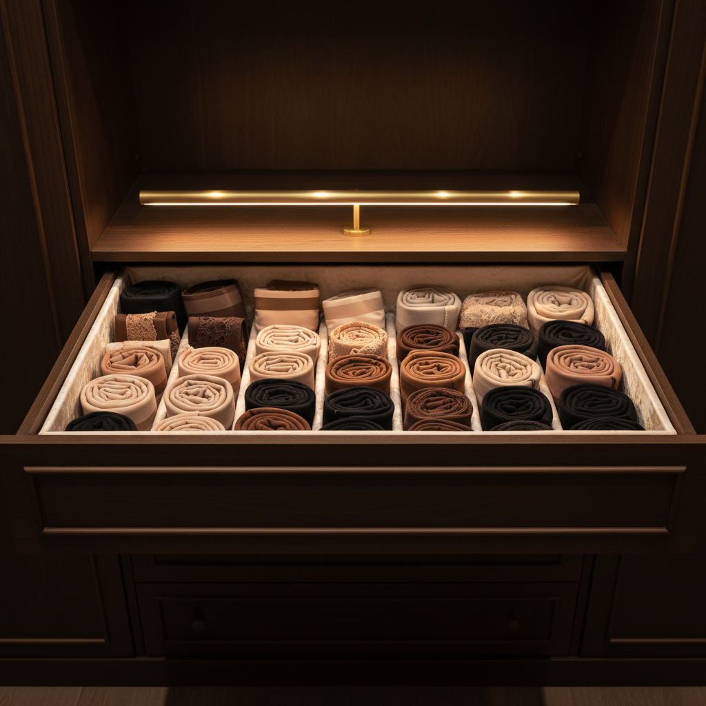 An elegant open drawer of a dark, custom-built wardrobe system lined with soft champagne velvet, filled with precisely rolled and stacked luxury fajas and lingerie in a cohesive palette of nudes, cocoa, and soft black. Each piece reveals different design features: reinforced waist panels, silicone-free grip bands, seamless laser cuts, and delicate tonal lace edging. A slim, brushed-brass wardrobe light casts a warm, linear glow from above, creating refined highlights along folds and textures. The mood is intimate yet impeccably organized, suggesting the ritual of a powerful woman preparing for her day. Photographic realism, shot from a slightly elevated front angle using the rule of thirds, with a shallow depth of field that subtly blurs the back of the wardrobe, emphasizing tactile richness and quiet elegance.