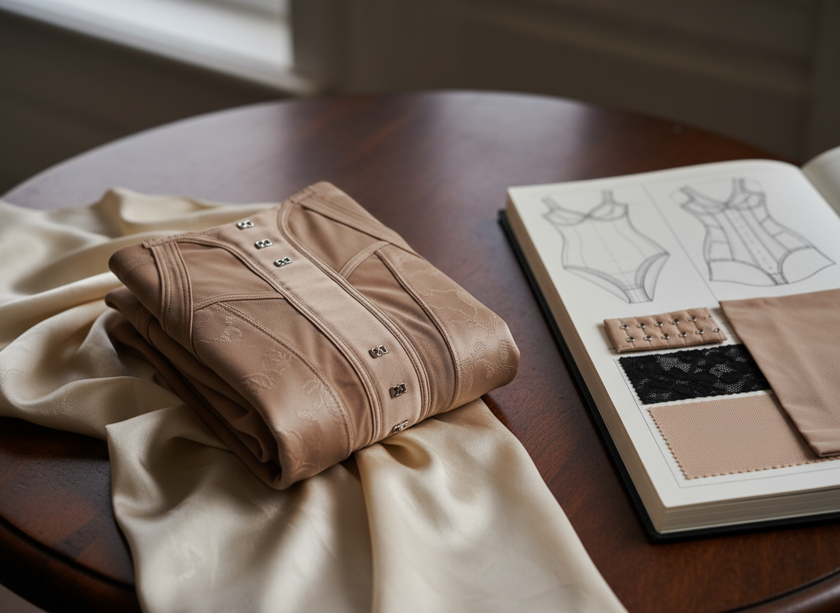 A meticulously folded luxury shaping bodysuit in deep champagne beige, crafted from ultra-smooth, high-compression satin-like fabric with sheer mesh panels and subtle jacquard patterns. It rests on a pale ivory silk backdrop atop a dark walnut table, beside an open designer sketchbook showing technical lingerie drawings and fabric swatches. Soft, diffused daylight from an unseen window skims across the scene, catching delicate highlights on seams, hook-and-eye closures, and fine stitching. The mood is sophisticated and quietly powerful, evoking high-end couture craftsmanship. Photographic realism with an eye-level composition, shallow depth of field that keeps the bodysuit in crisp focus while the background gently blurs, creating an elegant, minimalist aesthetic suitable for a premium brand homepage.