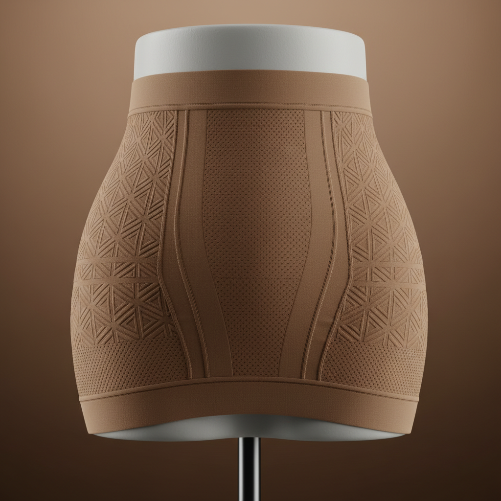 A close-up macro shot of advanced shapewear fabric: a hybrid textile in soft mocha, showing interlocking compression zones, ultra-fine mesh ventilation areas, and invisible bonded seams. The material is gently stretched over a minimalist cylindrical form, revealing elasticity and structure without any indication of a human body. Strategic side lighting from a large softbox skims across the surface, creating delicate highlights on raised patterns and microtextures. The background is a clean gradient from warm taupe to deep chocolate, reinforcing the brand’s refined palette. The mood is scientific luxury, blending technology and sensuality. Photographic realism with extreme close-up composition, razor-sharp focus on the textile architecture and subtle bokeh falling off toward the edges, perfect for illustrating innovation in product details.