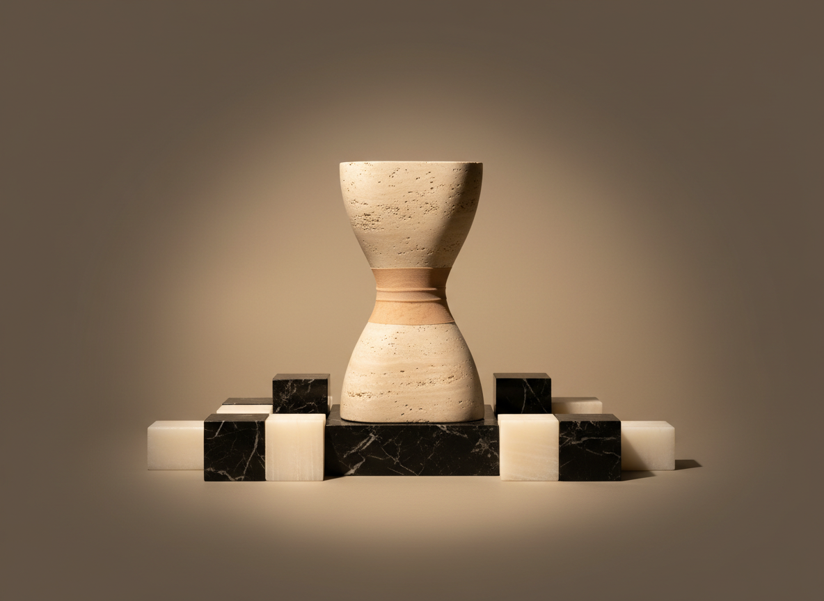 A high-concept, monochromatic editorial still life where a sculpted hourglass-shaped stone form in pale travertine stands at the center, cinched elegantly by a single band of ultra-fine, nude compression fabric. Around it lie precise geometric blocks of black marble and white alabaster, suggesting structure and balance. Overhead, a soft spotlight creates a gentle vignette and casts clean, architectural shadows across the matte surface. The background is a seamless warm grey, devoid of distraction. The atmosphere is abstract, intellectual, and symbolic of controlled power and refined silhouette. Photographic realism with a centered, symmetrical composition and sharp focus throughout, ideal for more conceptual brand storytelling about form, discipline, and subtle elegance in shapewear design.